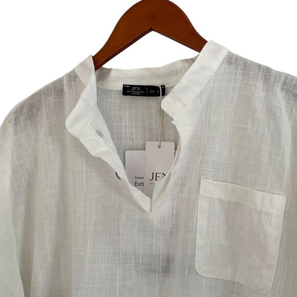 NWT Linen Blend White Roll Tab Sleeve Button V-Neck Pullover Tunic Cover-Up L - Picture 3 of 9